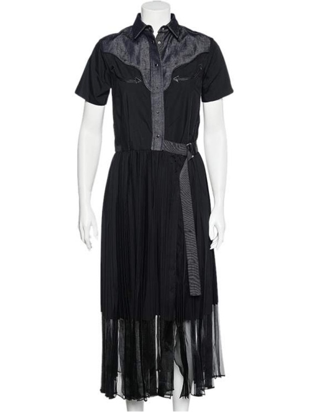 Sacai Indigo Denim & Poplin Pleated Wrap Maxi Dress